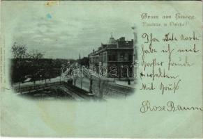 1898 Eszék, Essegg, Osijek; látkép este holdfényben, lóvasút. Victor Fritsche kiadása / general view at night in moonlight, horse-drawn tram (ragasztónyom / glue marks)