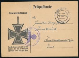 1941 Landeck, a német Vaskereszt Nagykeresztjét ábrázoló tábori posta levelezőlap, megírt és futott, horogkeresztes bélyegzéssel