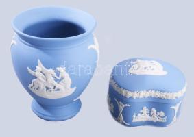 Wedgwood jasperware váza, jelzett, hibátlan, m: 9,5 cm + cukordoboz h: 8 cm