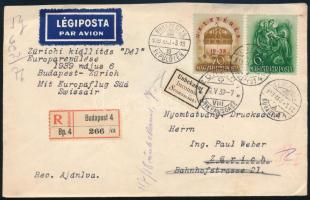 1939 Ajánlott légi levél Zürichbe, visszaküldve