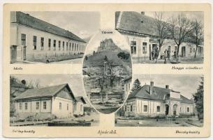 Ajnácskő, Hajnácska, Hajnácka (Gömör); iskola, Sarlay kastély, Ebeczky kastély, várrom, Hangya szövetkezet üzlete és saját kiadása / school, castle, castle ruins, cooperative shop (szakadás / tear)