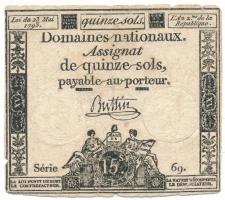 Franciaország 1793. 15s "Assignata" vízjellel és szárazpecséttel T:F, beszakadások France 1793. 15 Sols "Assignata" with watermark and embossed stamp C:F, tears Krause P#A69