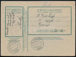 1944 Postai megbízási lap, a címzett nem fogadta el, visszaküldve 5 db 6f portó bélyeggel