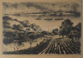 Kórusz József (1927-2010): Ősz (Duna gőzössel). Rézkarc, papír, jelzett. Üvegezett, sérült fakeretben, 25x39 cm