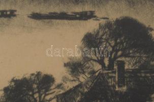 Kórusz József (1927-2010): Ősz (Duna gőzössel). Rézkarc, papír, jelzett. Üvegezett, sérült fakeretbe...