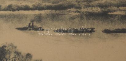 Kórusz József (1927-2010): Ősz (Duna gőzössel). Rézkarc, papír, jelzett. Üvegezett, sérült fakeretbe...