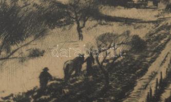 Kórusz József (1927-2010): Ősz (Duna gőzössel). Rézkarc, papír, jelzett. Üvegezett, sérült fakeretbe...