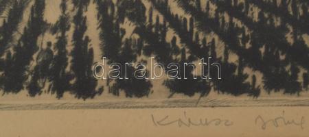 Kórusz József (1927-2010): Ősz (Duna gőzössel). Rézkarc, papír, jelzett. Üvegezett, sérült fakeretbe...