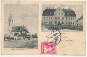 1929 Kereszténysziget, Grossau, Cristian; Evang. Kirchenkastell, Evang. Schule / Evangélikus erődtemplom és iskola. Michael E. Kirr kiadása, Jos. H. Briegel felvétele / Lutheran castle church and school (EK)