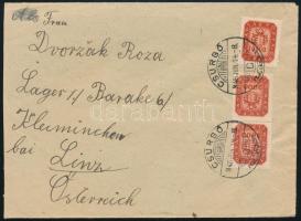 1946 (19. díjszabás) Ausztriába küldött levél a legkevesebb címlettel, 3 bélyeggel "CSURGÓ"