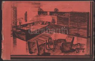 cca 1930-1940 Fürst Jenő iparművész által tervezett lakberendezési / bútorkatalógus, 24 egészoldalas illusztrációval, több lapon Kocsis Ferenc szegedi műasztalos-mester bélyegzőjével. Kiadói harántalakú papírkötésben, viseltes állapotban, sérült, foltos borítóval, helyenként kissé foltos, sérült lapokkal, részben szétvált fűzéssel, kijáró lapokkal, 24,5x38 cm