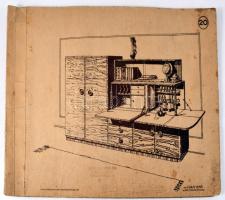 cca 1930-1940 Fürst Jenő iparművész által tervezett lakberendezési / bútorkatalógus, 8 lapon bútorokat ábrázoló illusztrációkkal + 13 különálló lapon belsőépítészeti tervrajzokkal, a borítón Kocsis Ferenc szegedi műasztalos-mester bélyegzőjével. Kiadói harántalakú papírkötésben, kissé viseltes állapotban, foltos borítóval, helyenként kissé foltos, sérült lapokkal, 26,5x38 cm