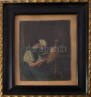 Jelzés nélkül: Fonóban. Olaj, karton. Dekoratív, üvegezett, sarkaiban kissé sérült fakeretben, 20x15 cm