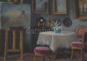 Olvashatatlan (Harn?) jelzéssel: Enteriőr festményekkel. Olaj, karton. Dekoratív, üvegezett fakeretb...