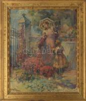 Gergely Imre (1868-1957): Virágok közt. Olaj, vászon. Jelezve balra lent. Dekoratív, kissé sérült fakeretben. 50,5×41 cm.