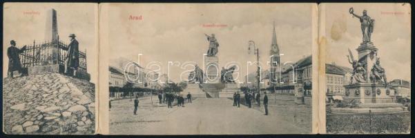 Arad, Kossuth-szobor, Vesztőhely, Vártanú-szobor. 3-részes kihajtható panorámalap. Kerpel Izsó kiadása / statue, place of execution, monument. 3-tiled folding panoramacard + "Ex Libris Valea Emilian Puiu Arad" (hajtásnál szakadt / torn at fold)