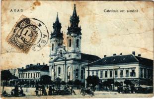 1910 Arad, Görögkeleti román templom, tér üzletekkel, piac / Catedrala ort. romana / Romanian Orthodox church, shops, market. TCV card (gyűrődések / creases)