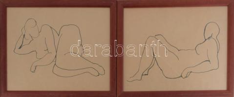 Jelzés nélkül, 2 db mű: Fekvő női akt. Tus, papír, üvegezett fakeretben. 27×36,5 cm.