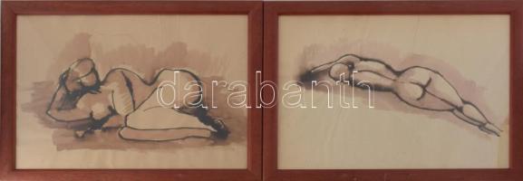 Jelzés nélkül, 2 db mű: Fekvő női akt. Lavírozott tus, papír, üvegezett fakeretben. 27×36,5 cm.