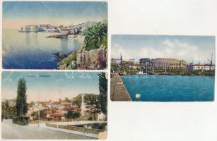 3 db RÉGI város képeslap: Pula, Dubrovnik, Szarajevó, vegyes minőségben, hátoldalon hadihajós bélyegzéssel / 3 pre-1945 town postcards: Pola, Ragusa, Sarajevo in mixed quality + "K.u.k. Kriegsmarine Kaiser Franz Josef I"