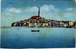 1917 Rovinj, Rovigno; látkép, kikötő, hajók. Purger &amp; Co. (München) / view, port, ships + "K.u.k. Krieg... S.M.S. Kaiser Franz Josef I" (vágott / cut)