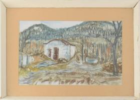 Karácsonyi Irén (1908-1992): Domboldal. Akvarell, ceruza, papír, jelzett. Üvegezett, sérült fakeretben. 29,5x49,5 cm