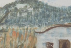 Karácsonyi Irén (1908-1992): Domboldal. Akvarell, ceruza, papír, jelzett. Üvegezett, sérült fakeretb...