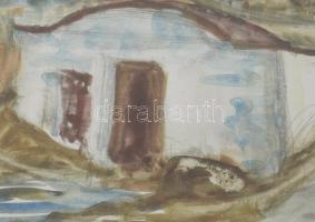 Karácsonyi Irén (1908-1992): Domboldal. Akvarell, ceruza, papír, jelzett. Üvegezett, sérült fakeretb...