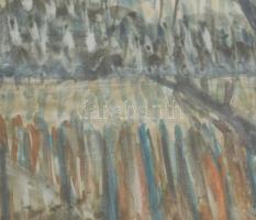 Karácsonyi Irén (1908-1992): Domboldal. Akvarell, ceruza, papír, jelzett. Üvegezett, sérült fakeretb...