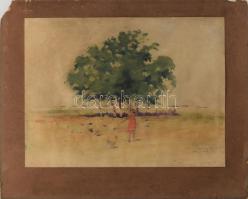 Kenéz János (működött az 1930-as években): A lány és a kakas. Akvarell, papír. Kartonra kasírozva. Kissé foltos. 30x40 cm