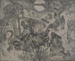 Szabó Vladimír (1905-1991): Disznóölés. Rézkarc, papír, jelzett, lap széle kissé foltos, üvegezett fakeretben, 29,5x39 cm