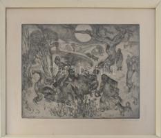 Szabó Vladimír (1905-1991): Disznóölés. Rézkarc, papír, jelzett, lap széle kissé foltos, üvegezett f...