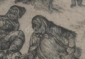 Szabó Vladimír (1905-1991): Disznóölés. Rézkarc, papír, jelzett, lap széle kissé foltos, üvegezett f...
