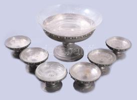 Talpas 6 személyes köretkínáló szett, fém, üveg betétekkel, m: 17 cm alatt