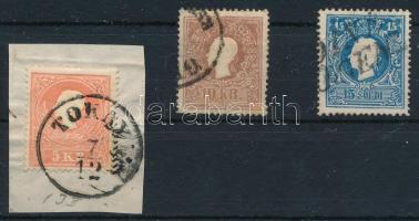 1858 5kr kivágáson + 10kr + Ausztria Lombard-Velence 15sld bélyeg