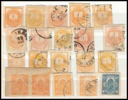15 db Krajcáros hírlapbélyeg + 5 db Turul hírlapbélyeg színváltozatokkal, köztük 2 db fogazott