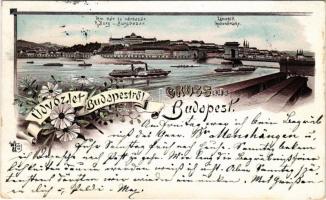 1895 Budapest I. Királyi vár és várbazár, Lánchíd, gőzhajó. O.Z.M. Art Nouveau, floral, litho (EK)