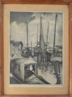 Szentgyörgyvári Gyenes Lajos (1890-1971): Venezia, Giudecca (Velencei gondolás és vitorlások). Rézkarc, papír. Jelzett. Üvegezett fakeretben, 54×37 cm