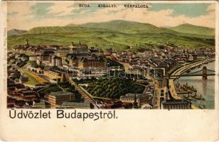 1901 Budapest I., Királyi várpalota, Tabán, Lánchíd, gőzhajók. Ottmar Zieher Art Nouveau, litho (r)
