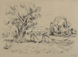 Borsos Miklós (1906-1990): Lányok a szabadban. Rézkarc, papír, jelzett, apró foltokkal, üvegezett fakeretben, 19x27 cm