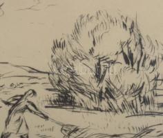 Borsos Miklós (1906-1990): Lányok a szabadban. Rézkarc, papír, jelzett, apró foltokkal, üvegezett fa...