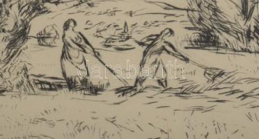 Borsos Miklós (1906-1990): Lányok a szabadban. Rézkarc, papír, jelzett, apró foltokkal, üvegezett fa...