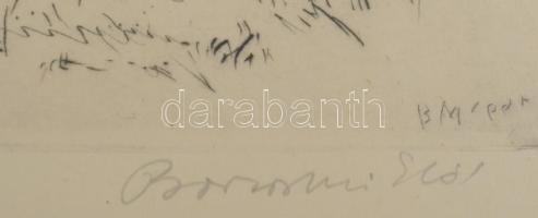 Borsos Miklós (1906-1990): Lányok a szabadban. Rézkarc, papír, jelzett, apró foltokkal, üvegezett fa...