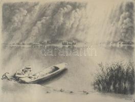 Kórusz József (1927-2010): Dunapart. Rézkarc, papír, jelzett, lapszéli apró foltokkal, üvegezett fakeretben, 29,5x38 cm