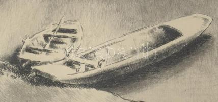 Kórusz József (1927-2010): Dunapart. Rézkarc, papír, jelzett, lapszéli apró foltokkal, üvegezett fak...