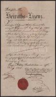 1836 Prager Militär Invaliedenhaus által kiállított német nyelvű házassági engedély viaszpecséttel