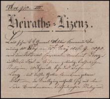 1836 Prager Militär Invaliedenhaus által kiállított német nyelvű házassági engedély viaszpecséttel