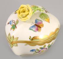 Herendi Viktória mintás szív alakú fedeles ékszeres edény, jelzett, minimális pattogzással, 8x7 cm