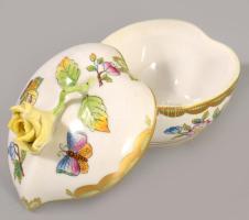 Herendi Viktória mintás szív alakú fedeles ékszeres edény, jelzett, minimális pattogzással, 8x7 cm