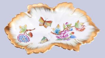 Herendi Viktória mintás levél alakú tálka, jelzett, hibátlan, 15x9 cm